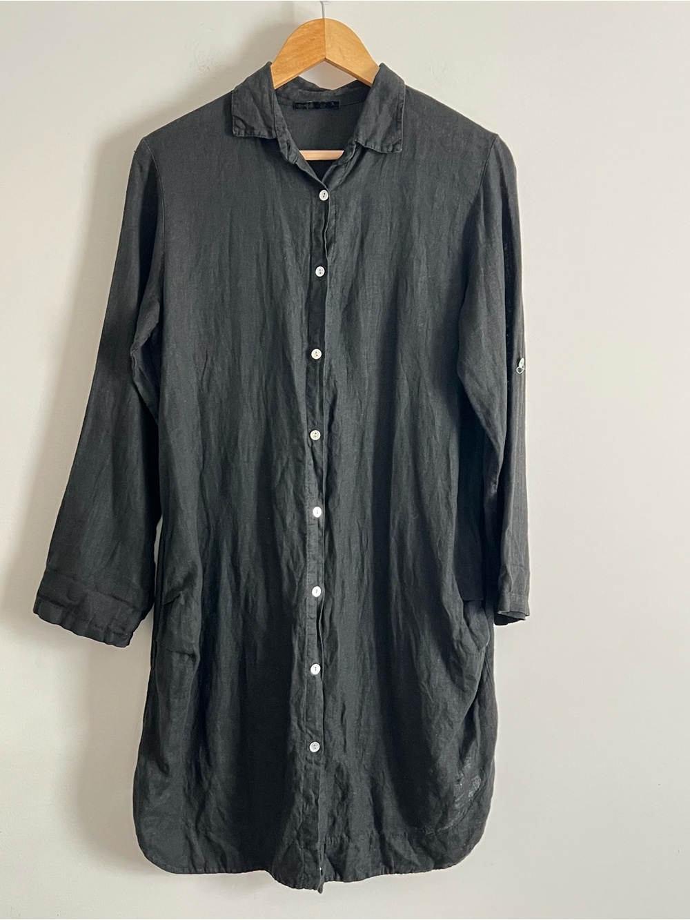 Italian Made 100% Linen Charcoal Black Oversized Button Front Shirt Dress OS